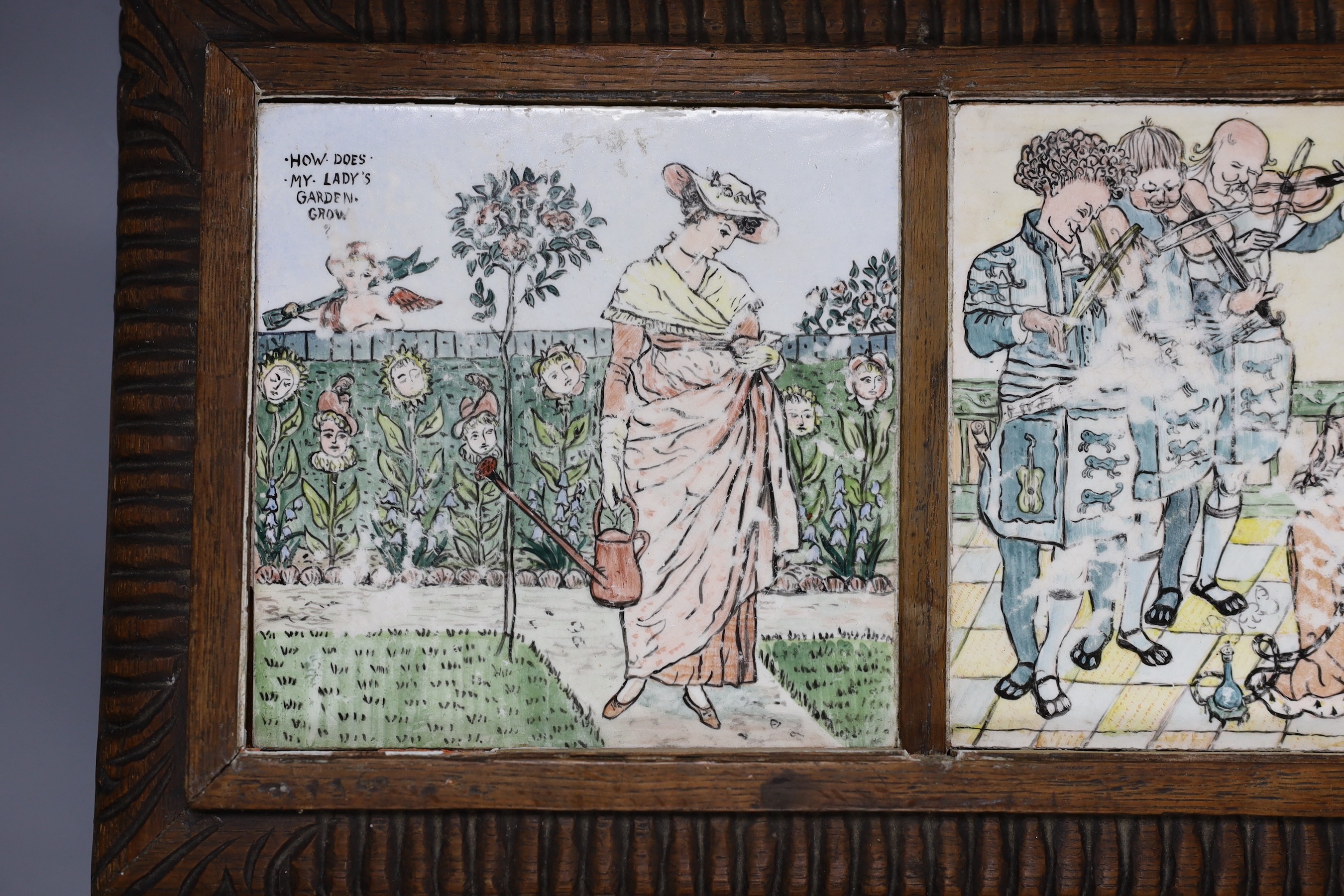 A set of three Minton style tiles, after illustrations by Walter Crane, in wooden frame